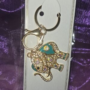 Gold Elephant Crystal Keychain with Teal Accent